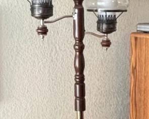 Vintage Brass and Wood Tension Pole Floor Lamp with Glass Shades second image