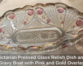 Victorian Pressed Glass Relish Dish and Gravy Boat with Pink and Gold Overlay second image