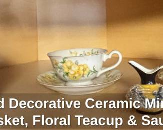 Assorted Decorative Ceramic Miniatures Fruit Basket, Floral Teacup Saucer, and Mythical Creature Pitcher