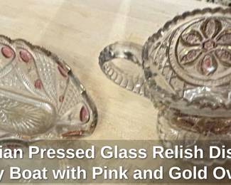 Victorian Pressed Glass Relish Dish and Gravy Boat with Pink and Gold Overlay
