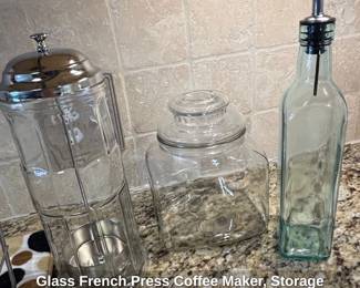 Glass French Press Coffee Maker, Storage Jar, and Oil Dispenser Bottle