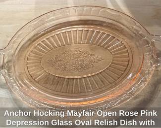 Anchor Hocking Mayfair Open Rose Pink Depression Glass Oval Relish Dish with Handles