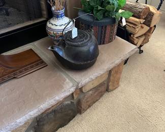 Antique kettle/ blue, and white vase