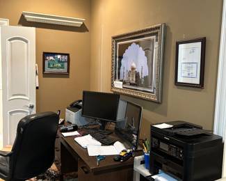 Desk, computer monitors, printer, office chair
