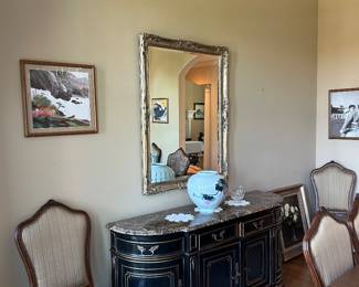 Sideboard/credenza, accent chairs, framed mirror, framed art
