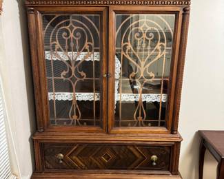$300 - 1950's American China cabinet with one long drawer - inlaid on doors. 