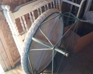 Wicker coffee table table with glass top & wrought iron base; twin bed headboards