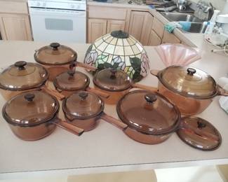 Vintage Pyrex cookware; Tiffany-inspired lamp shade