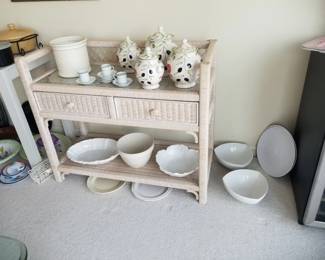 Wicker two-drawer buffet with glass top; serve ware