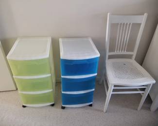 Rolling 3-drawer plastic bins; accent chair
