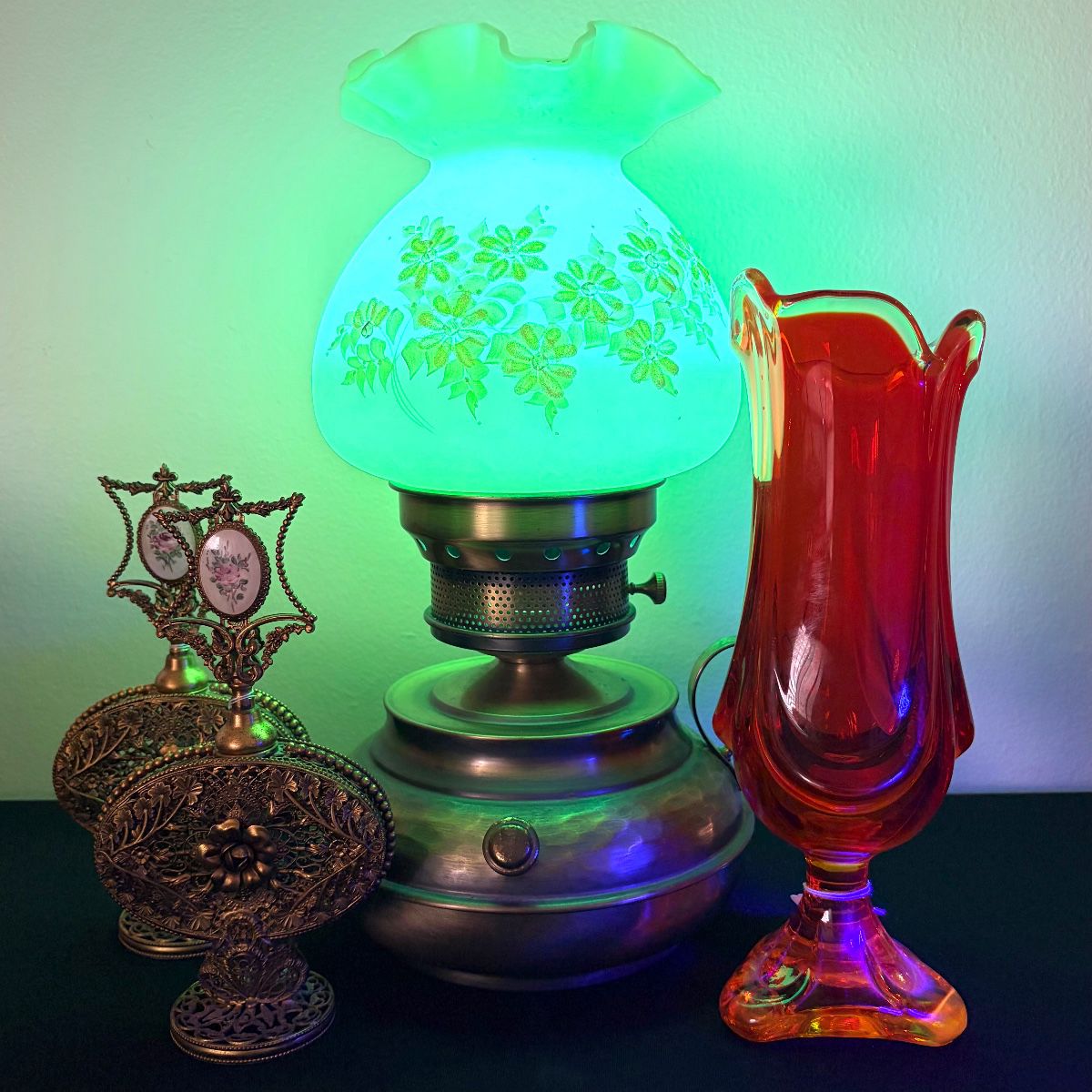 Vintage Fenton Uranium glass  lamp, vintage Viking Glass Amberina swung vase, vintage gold vanity perfume bottles 