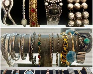 Native American sterling silver bangle's, turquoise tips watch bands  and assorted costume ju