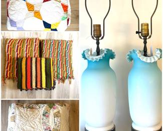 Handmade patchwork quilt, a vintage, handmade striped crochet lap blanket throw afghan and a pair of antique Fenton lamps.