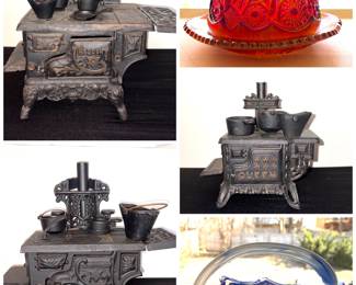 Vintage miniature cast iron salesman sample wood burning stoves, vintage Indiana Glass butter dish, Murano style blue art glass bowl.