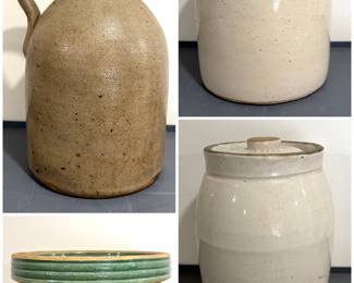 A collection of antique stoneware jugs, crocks, bowls