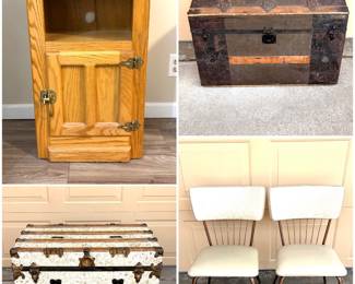 A vintage oak wood ice box, two antique steamer trunks and a set of vintage Mid-Century Modern chairs