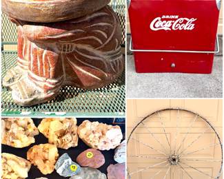 A Gardeco Ranchero Clay Decoration, a mixed collection of various gems and minerals. A vintage Coca-Cola cooler and a vintage wagon wheel.
