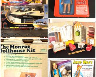 A Bright 1/6 scale Sea-Doo Speedster radio control boat. The Monroe Dollhouse Kit by Greenleaf Dollhouses. A Vintage 1960s Remco Heidi Pocketbook Doll. A vintage 1962 Mattel Barbie Fashion Shop playset. And a Louis Marx "Jane West" Cowgirl action figure.