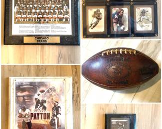 A framed team photo of the 1985 Chicago Bears. framed photo plaque honoring NFL Hall of Fame running back Walter Payton of the Chicago Bears, a Chicago Bears Super Bowl XX Champions 16" x 20" card plaque a  a vintage Spalding American Football League 