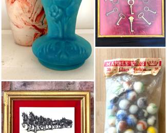 A Van Briggle Art Pottery vase, a vintage Nemadji Pottery vase, a Budweiser Clydesdales horses print, skeleton key wall art and factory-sealed package of 30 vintage Marble King glass marbles. 