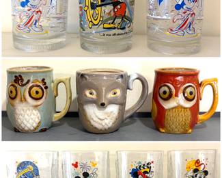 Vintage McDonalds Walt Disney World/Mickey Mouse glasses, vintage Gibson owl and wolf ceramic mugs