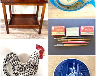 a vintage Bombay Company Chippendale style Mahogany butler table, vintage Fitz & Floyd "Poulet" ceramic rooster figurine a Temp-tations ceramic fish-shaped serving dish set. A collection of  vintage Leonardt dip pens and nibs. 1951 Royal Copenhagen Christmas plate