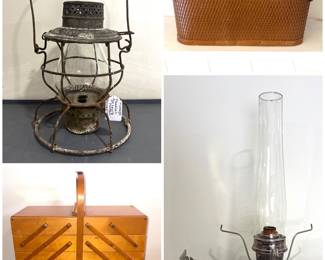 Vintage MoPac railroad lantern, vintage accordion style sewing box, vintage Redmon woven picnic basket, vintage Aladdin caboose kerosene lanterns