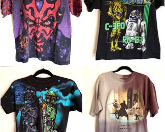 A collection of vintage Star Wars t-shirts, including an all-over print design of Darth Maul from 1999. 