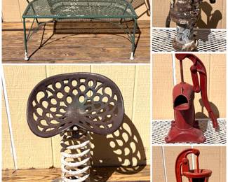 A vintage wrought iron barrel loveseat, a vintage-style bar stool, and vintage cast iron hand pitcher pump 