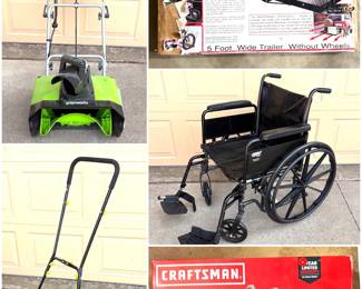 A Greenworks 13 Amp Corded Snow Thrower (model 2600502).a Sun Joe manual reel mower,  a Masterpluat Hitch-Hau, a manual wheelchair and a Craftsman V20 Cordless Reciprocating Saw.