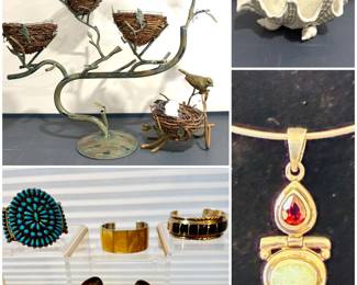 Vintage medal birds nest tea light candelabra, Native American-style turquoise and sterling silver cuff bracelets,  a vintage Fitz and Floyd seashell-shaped sculptural bowl and a yellow gold pendant necklace with a pear-shaped red stone,