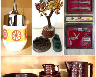 a vintage GEMCO manual food chopper made of white milk glass. handcrafted 7 Chakra Gemstone Tree, a Winchester limited edition collectible knife set. And vintage Marcrest "Daisy and Dot" pattern stoneware set,