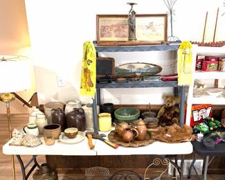 A collection of Stoneware crocks and a original pink lady cat