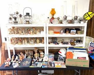 Railroad memorabilia, vintage lanterns and a collection of vintage Enesco "Memories of Yesterday" porcelain figurines