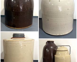 A collection of antique stoneware jugs, crocks, and jars 