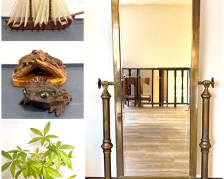 A vintage nautical-themed string art sailboat, a vintage Japanese hand-carved frog or toad figurine, a Money Tree (Pachira Aquatica) braided houseplant and a beautiful ornate antique French cheval mirror with a solid brass frame and decorative gilt accents