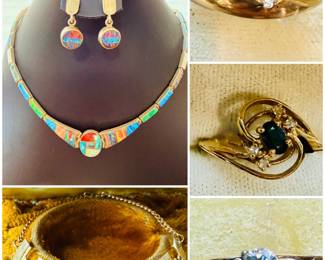 Collection of 14k rings with gem stones and diamonds. Vintage 14k military bracelet and opal inlay earrings, bracelet and necklace set. 