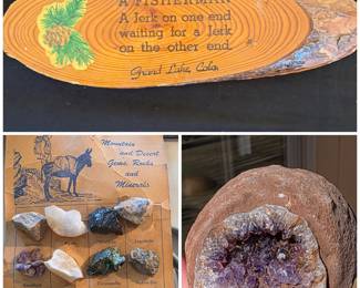 Vintage  mineral specimens and an amethyst geode