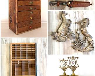 A vintage wooden specimen cabinet, a vintage wooden printer's tray, a vintage "Improved Eagle Muskrat" pocket knife, a pair of vintage mid-century modern Syroco wood horse stallion wall hangings and a pair of antique French ormolu perfume bottles