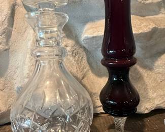 Cut Crystal Decanter and Amethyst Glass Pedestal Vase