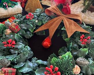 Vintage Artificial Christmas Wreath with Holly, Pinecones, Plaid Gifts, and Red Bow