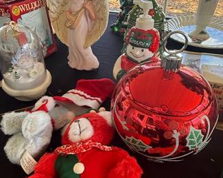 Christmas Decorative Lot: Angel Figurine, Snowman Soap Dispenser, Large Ornament Jar, and Plush Toys