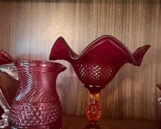 Fenton Ruby Red Hobnail Pitcher and Compote Set