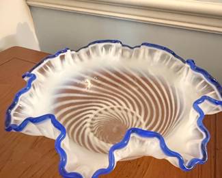 Murano Style Swirl Bowl with Blue Ruffled Rim
