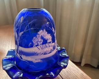 Cobalt Blue Glass Fairy Lamp with Frosted Winter Scene