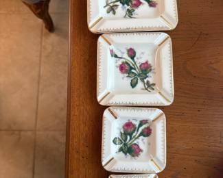 Vintage Porcelain Ashtray Set with Rose Motif and Gold Trim