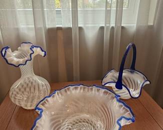 Murano Style Art Glass Collection with Blue Ruffled Rims