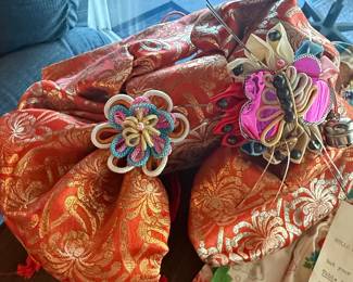 Japanese Silk Brocade Bag with Tsumami Flower and Butterfly Embellishments