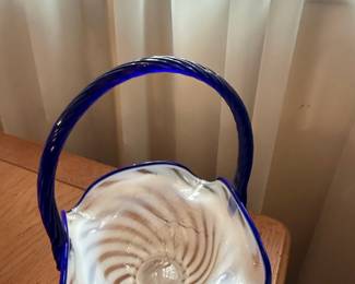 Fenton Blue Ridge Opalescent Swirl Basket with Cobalt Blue Rim and Handle