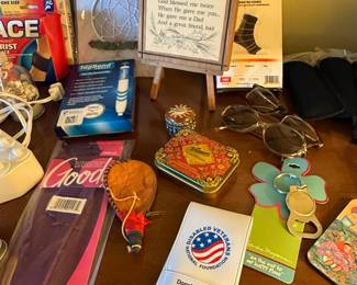 Dad Poem Display with Assorted Collectibles including Disabled Veterans National Foundation Money Clip and Whitman's Cloisonné Tin